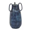 Blue Crosshatch Triple Handle Ceramic Vase, 13 in.
