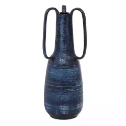Blue Crosshatch Triple Handle Ceramic Vase, 17 in.