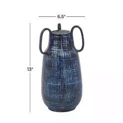 Blue Crosshatch Triple Handle Ceramic Vase, 13 in.