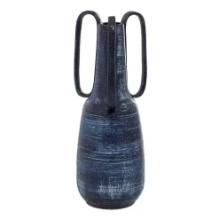 Blue Crosshatch Triple Handle Ceramic Vase, 17 in.