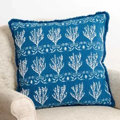 Blue Embroidered Coral Pillow