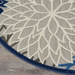 Blue Floral Burst Round Outdoor Area Rug, 5x5