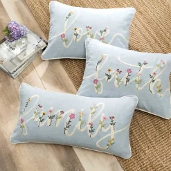 Blue Love Floral Embroidered Lumbar Pillow