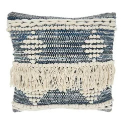 Blue Natural Chindi Fringe Cotton Pillow