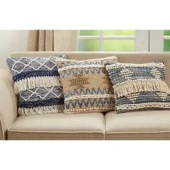 Blue Natural Chindi Fringe Cotton Pillow