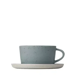 Blue Speckled Ceramic Mugs and Saucers, Set of 2
