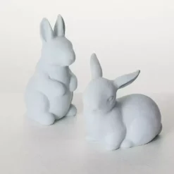 Blue Velveteen Ceramic Bunnies, Set of 2