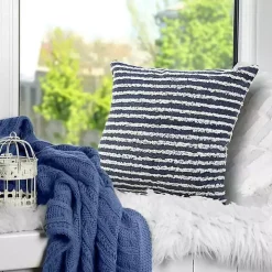 Blue Wispy Ways Tufted Stripes Cotton Pillow