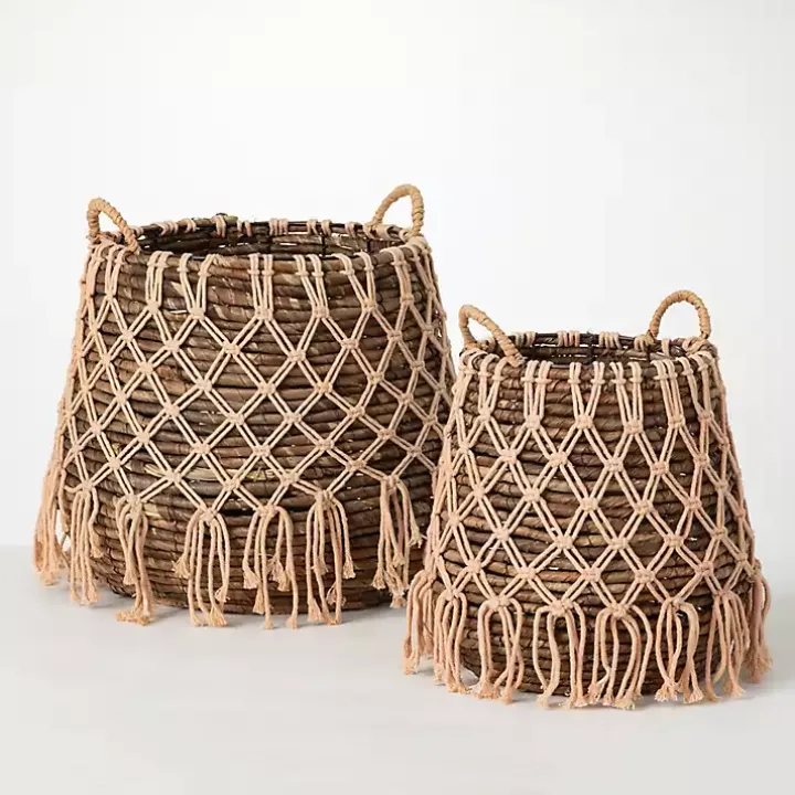 Brown Macrame Overlay Baskets, Set of 2