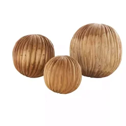 Brown Teak Wood Carved Orbs, Set of 3