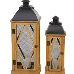 Brown Wood and Black Mesh Lanterns, Set of 2