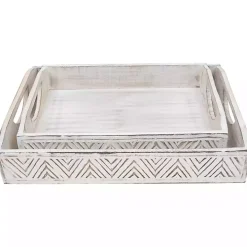 Brushed White Chevron Carved Trays, Set of 2