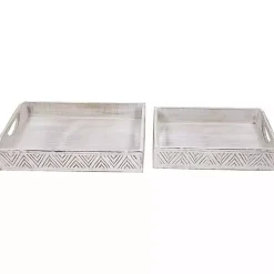 Brushed White Chevron Carved Trays, Set of 2