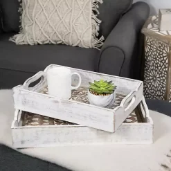 Brushed White Mandala Carved Trays, Set of 2