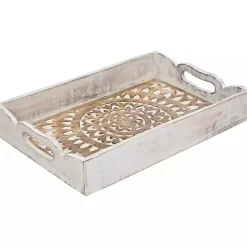 Brushed White Mandala Carved Trays, Set of 2