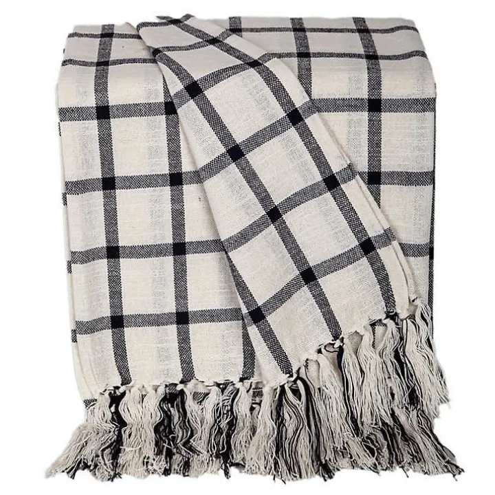 Charcoal and White Plaid Tassel Throw