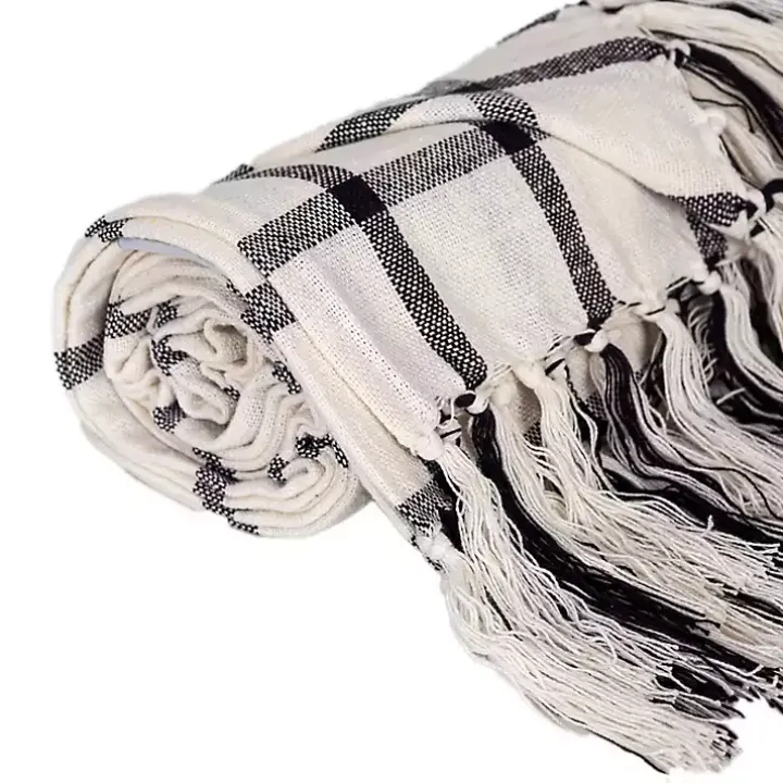 Charcoal and White Plaid Tassel Throw