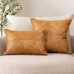 Cognac Faux Leather Lumbar Pillow