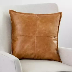 Cognac Faux Leather Throw Pillow