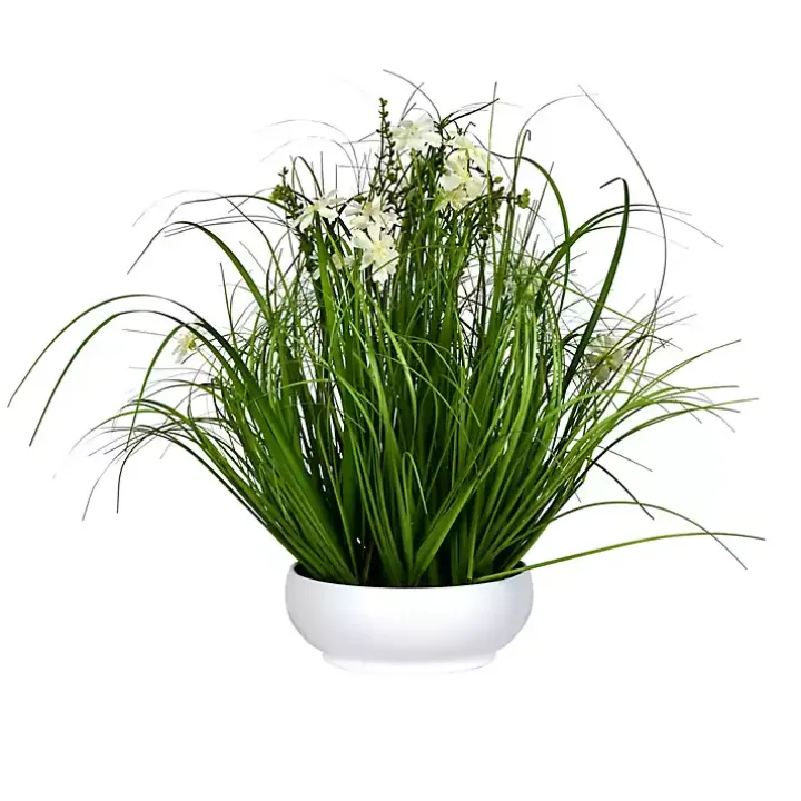 Cream Cosmos and Grass in White Pot, 21 in.