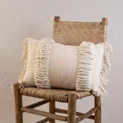 Cream Hand Woven Fringe Ends Lumbar Pillow