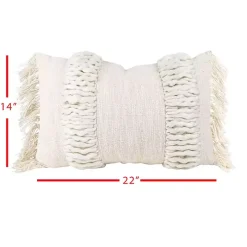 Cream Hand Woven Fringe Ends Lumbar Pillow