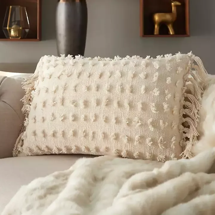 Cream Textured Poms Lumbar Pillow