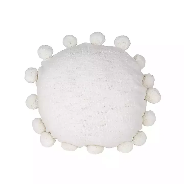 Daisy White Soft Poms Round Throw Pillow