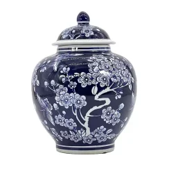 Dark Blue Floral Chinoiserie Jar, 10 in.
