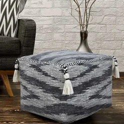 Dark Gray Tasseled Static Geo Cotton Square Pouf