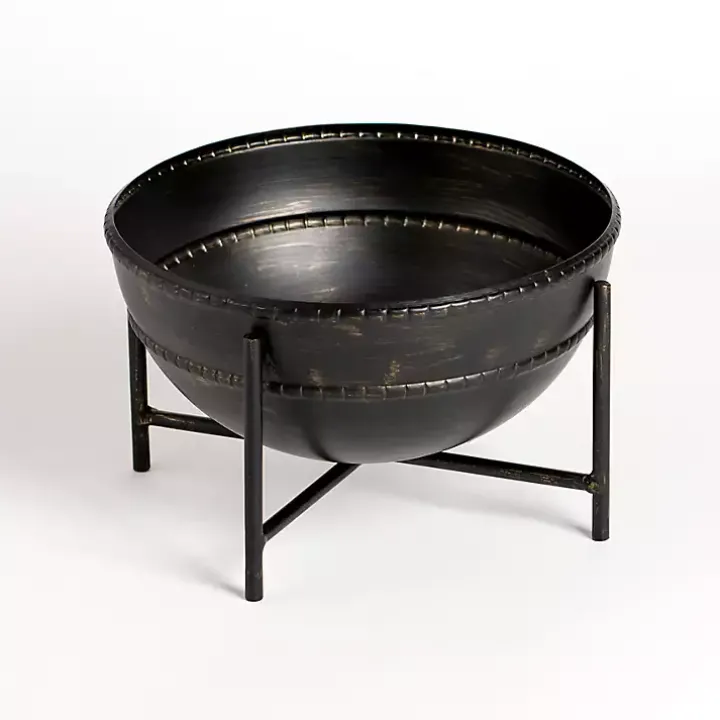 Distressed Black Metal Decorative Bowl with Stand