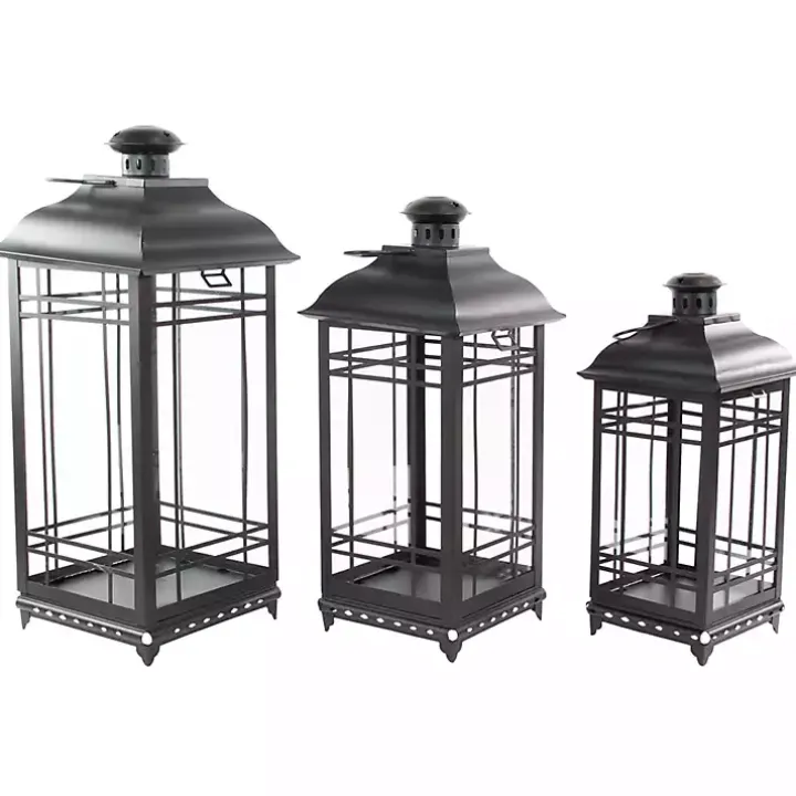 Distressed Black Metal Lanterns, Set of 3