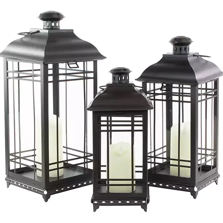 Distressed Black Metal Lanterns, Set of 3