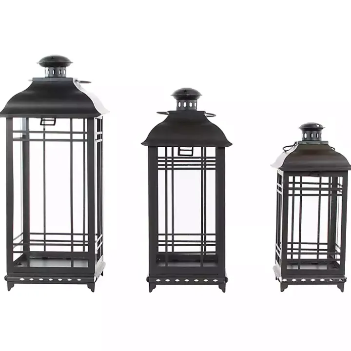 Distressed Black Metal Lanterns, Set of 3