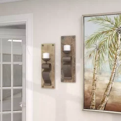 Distressed Brown Wood Wall Sconces, Set of 2