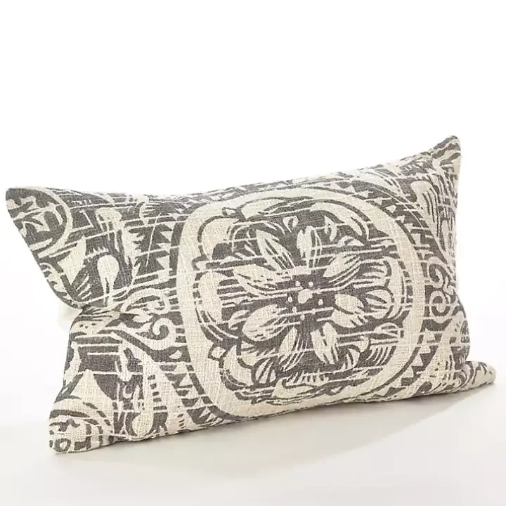 Distressed Gray Floral Lumbar Pillow