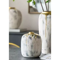 Distressed Gray Vase with Gold Splatter, 8 in.