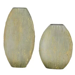 Distressed White and Beige Flat Vases, Set of 2