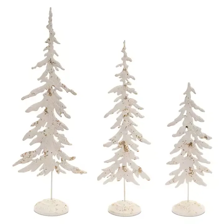 Distressed White Metal Pine Trees, Set of 3