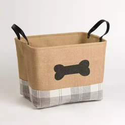 Dog Bone Gray Plaid Leather Handle Jute Bin