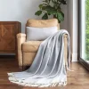 Dusk Blue Herringbone Throw with Fringe