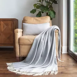 Dusk Blue Herringbone Throw with Fringe