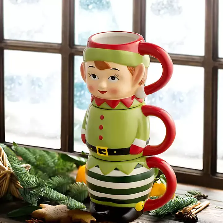 Elf Christmas Mugs, Set of 3
