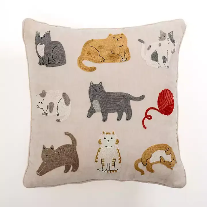 Embroidered Cats Chenille Pillow