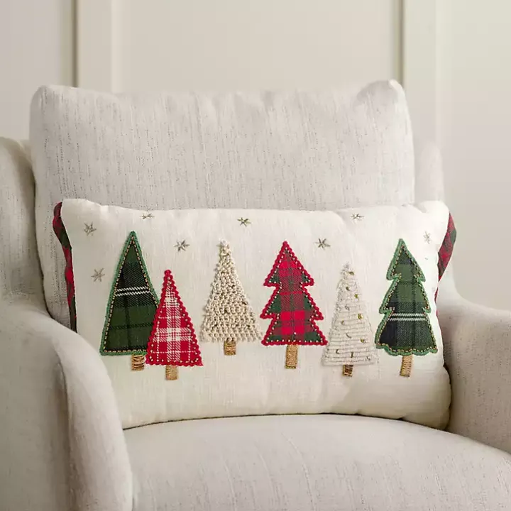 Embroidered Christmas Trees & Plaid Pillow