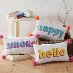 Embroidered Happy Pom Pom Lumbar Pillow