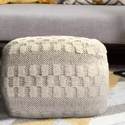 Flatweave Tufted Checker Wool Pouf