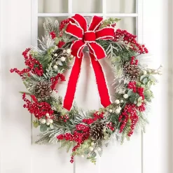 Flocked Berries Wreath with Red Bow