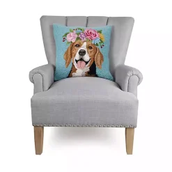 Floral Beagle Hooked Throw Pillow