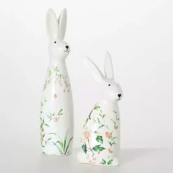 Floral Ceramic Bunny Figurines, Set of 2